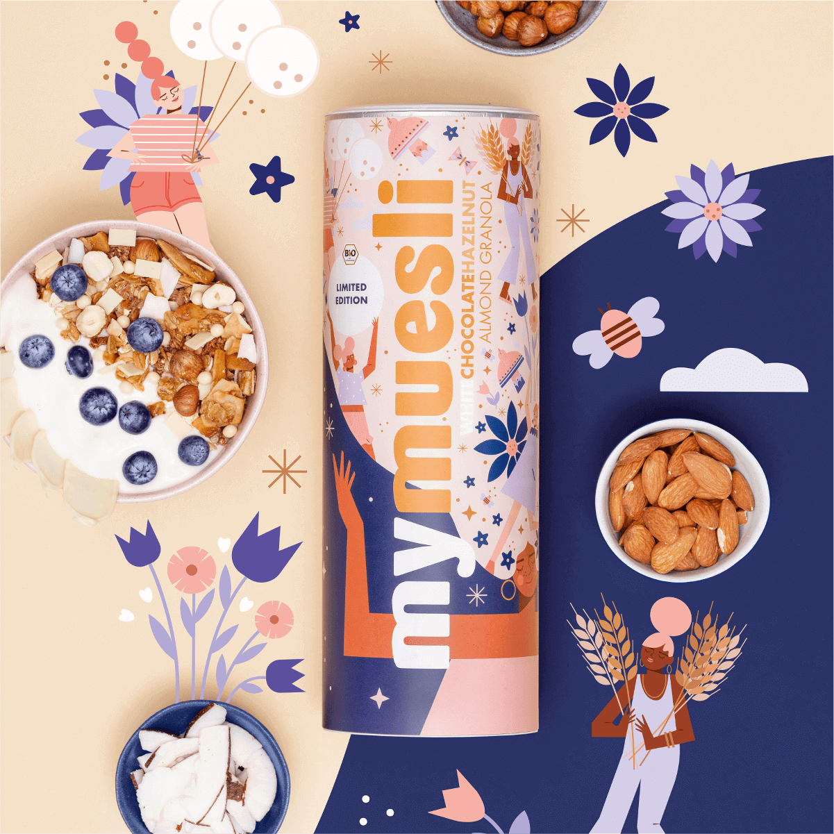 Limited Edition White Chocolate Almond Hazelnut Granola mit Dosen Design von Nina Clausonet