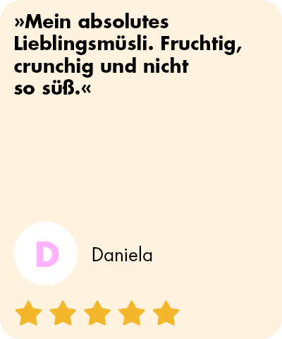 mymuesli Bewertung vom Low Sugar Berry Crunch von Daniela: Mein absolutes Lieblingsmüsli. Fruchtig, crunchig und nicht so süß.