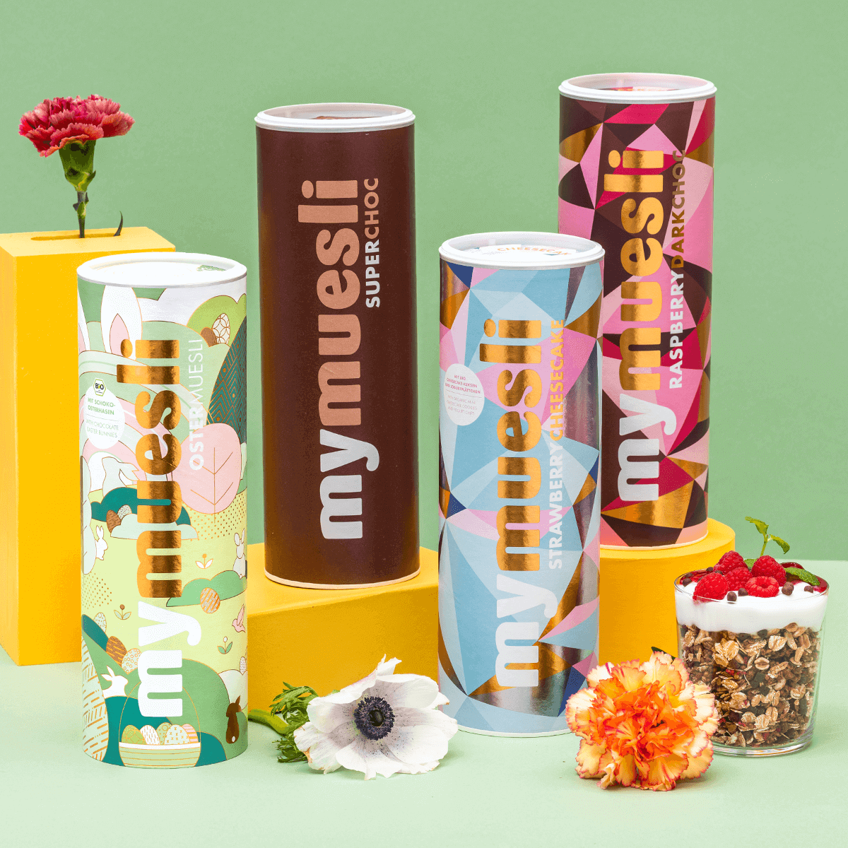 mymuesli Oster Schoko Paket mit vier verschiedenen schokoladigen Mueslis
