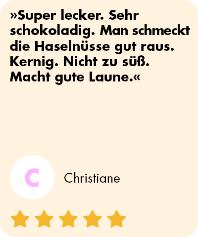 mymuesli Bewertung vom Chocolate Hazelnut Almond Granola von Christiane: Super lecker. Sehr schokoladig. Man schmeckt die Haselnüsse gut raus. Kernig. Nicht zu süß. Macht gute Laune.