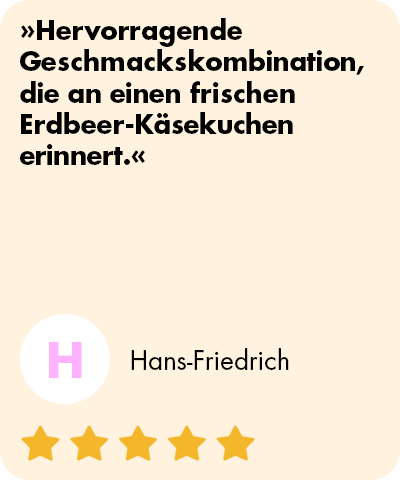 mymuesli Bewertung zum Strawberry Cheesecake Müsli von Hans-Friedrich: Hervorragende Geschmackskombination, die an einen frischen Erdbeer-Käsekuchen erinnert.