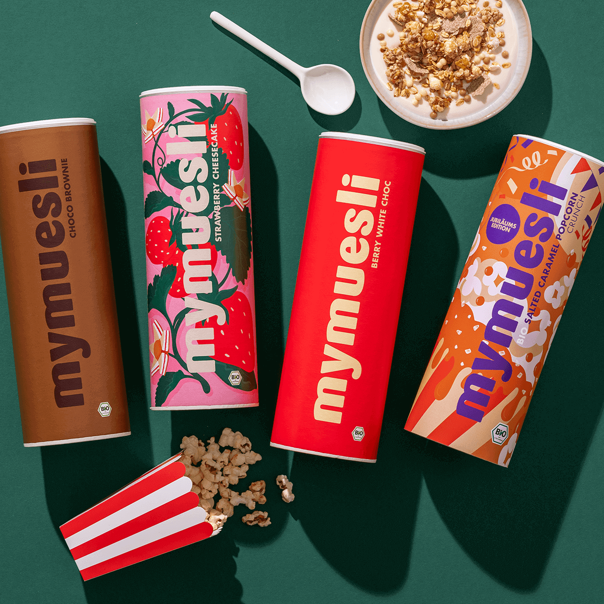 mymuesli Best of Müsli Paket mit Choco Brownie Müsli, Strawberry Cheesecake Müsli, Berry White Choc Müsli und Salted Caramel Popcorn Müsli - jetzt entdecken!